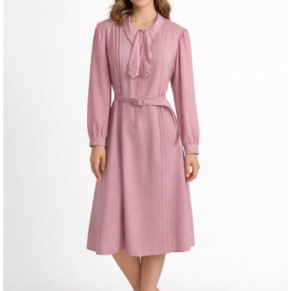 Lady Jennifer Dresses & Skirts - Vintage Lady Jennifer Pink Pleated Secretary Dress w Belt Long Sleeve Midi XL
